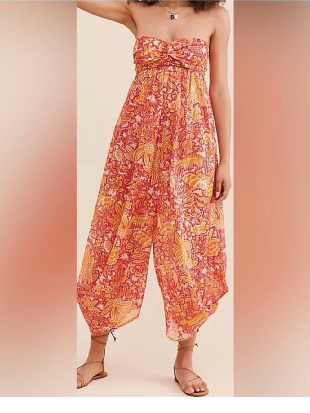Anthropologie Womens Orange Tropical Floral Boho Harem Strapless Jumpsuit Sz S
